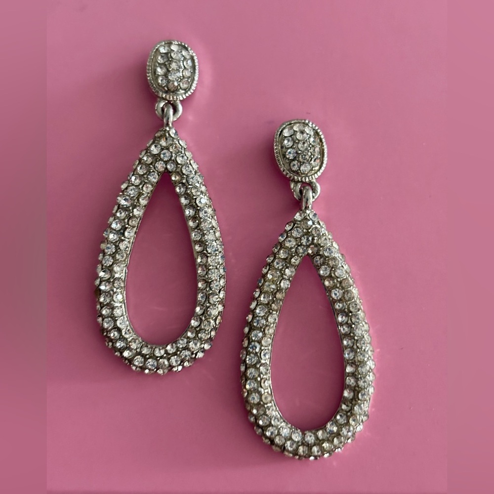 Pear Shaped Drop Pave Earrings Crystal Diamond Evening Dressy Silver Wedding